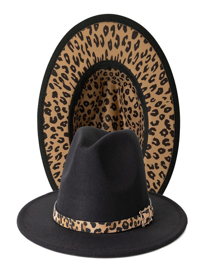 Gossifan Women Two Tone Wide Brim Fedora Felt Panama Hats Classic Belt Buckle Square Buckle-Black Leopard - Image 1